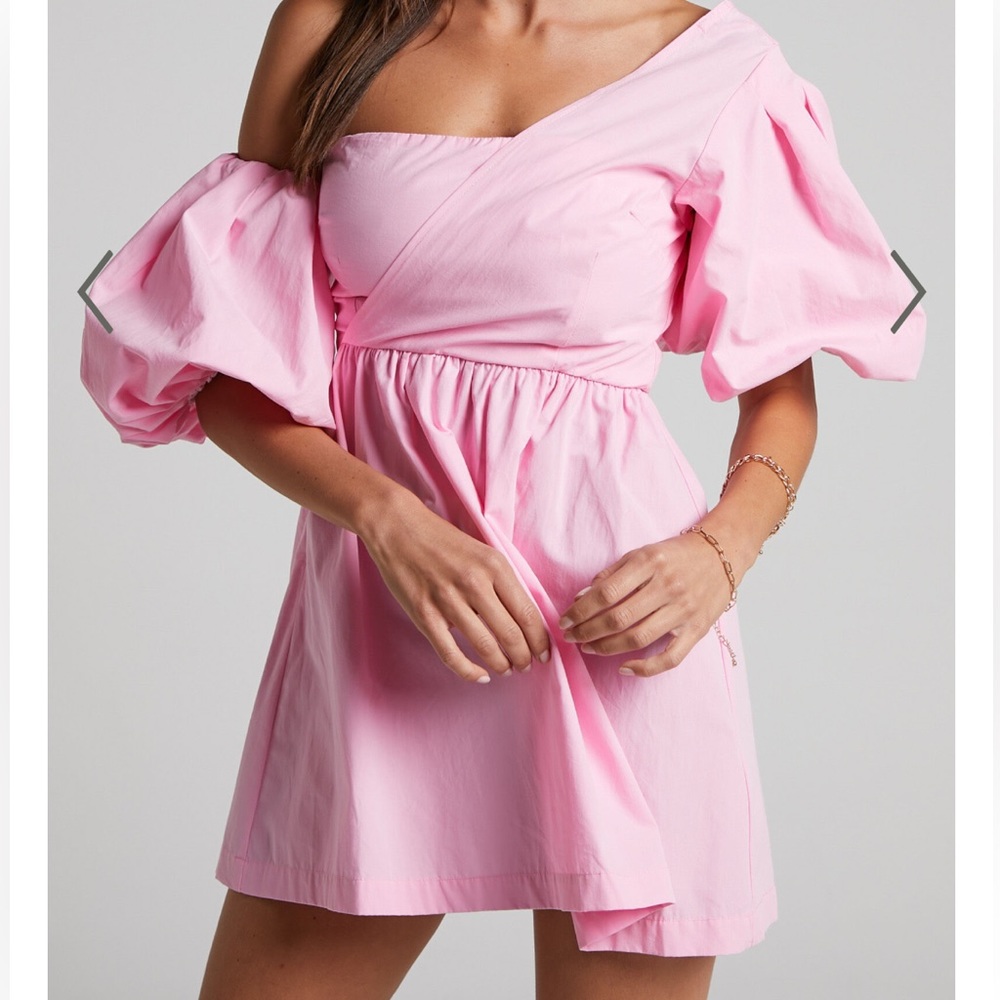 Showpo Asymmetric Off One Shoulder Puff Sleeve Dress in Pink Size 2